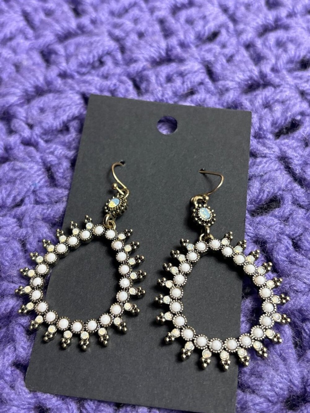 Teardrop Dangle Earrings Rhinestones Opalite White Goldtone 1.75 inches